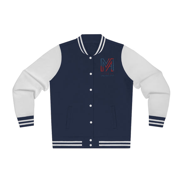 Mens Navy Blue and Black Wool Varsity Jacket with Leather Sleeves In Canada